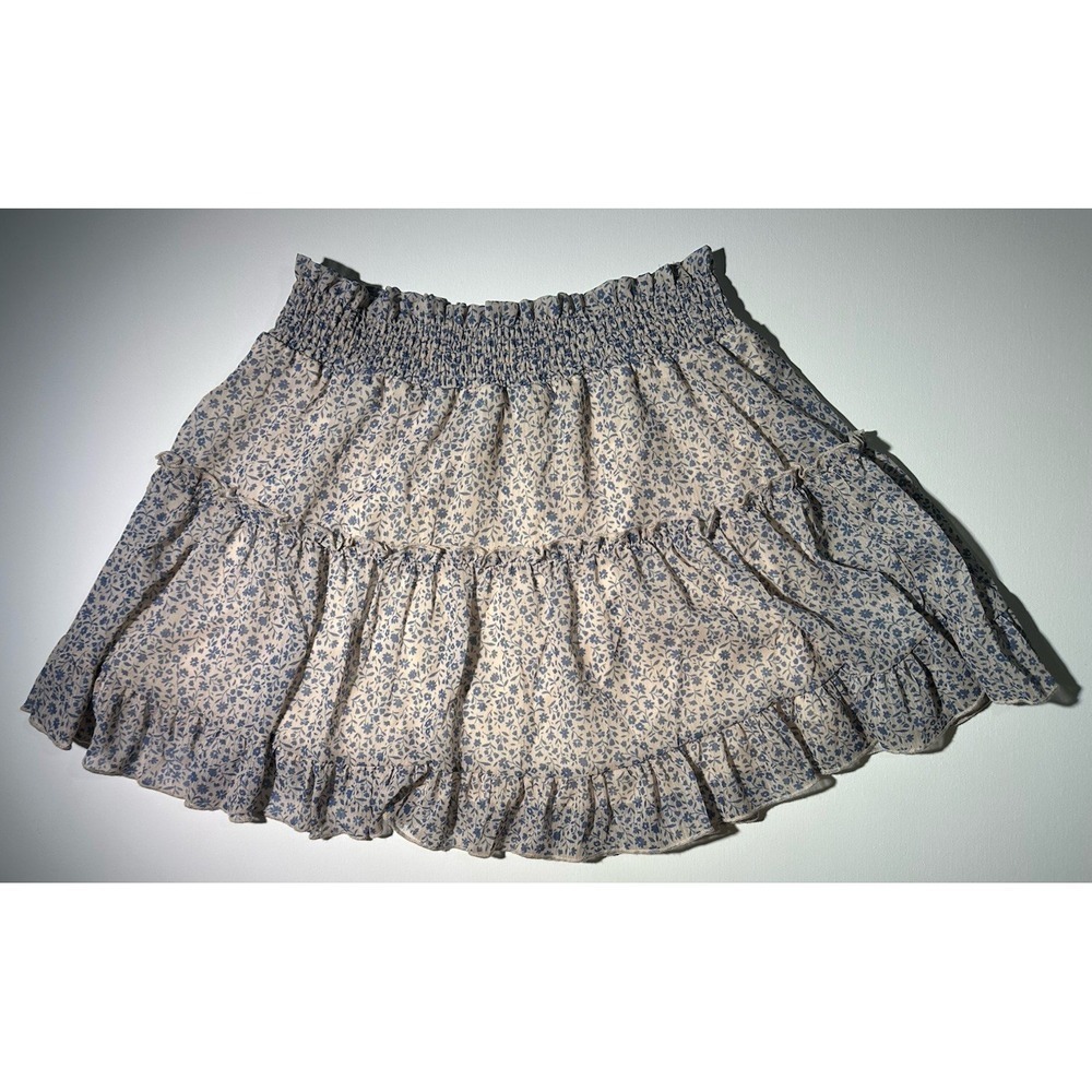 Altar'd State Cream And Blue Floral Ruffle  Mini Skirt Size M